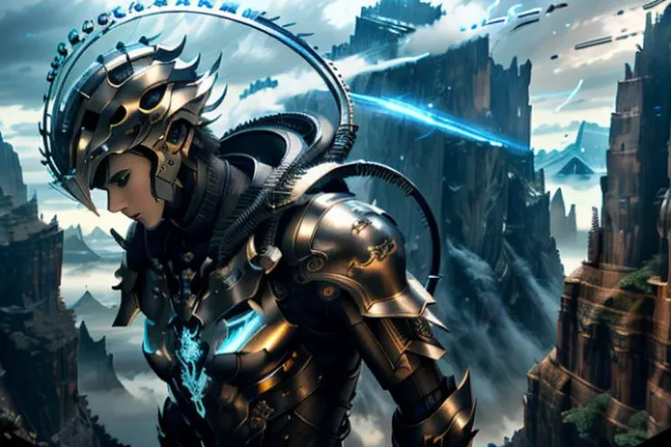 raw candid photo of android, <lora:magic-fantasy-mech-v1:0.7>, magic-fantasy-mech, 1boy, 1mechanical, intricate detail, intricate design, science fiction, helmet, spiky hair, mountains, clouds, dynamic lighting, cool background, dynamic pose, perfect composition, 8k, octane, high quality, highres, armour, warm colours, depth of field, metal face