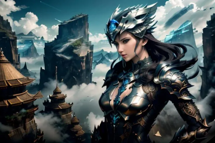 raw candid photo of android, <lora:magic-fantasy-mech-v1:0.75>, magic-fantasy-mech, facing camera, 1girl, 1boy, 1mechanical, intricate detail, intricate design, high fantasy art, helmet, spiky hair, mountains, clouds, dynamic lighting, dynamic colours, dynamic background, dynamic pose, perfect composition, 8k, octane, high quality, highres, plated armour, outdoors, depth of field, most beautiful artwork in the world, amazing, extraordinary, inspiring, intimidating, dramatic, perfect hands, perfect body, perfect face