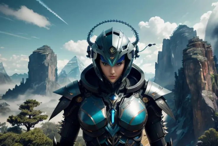 raw candid photo of android, <lora:magic-fantasy-mech-v1:0.5>, magic-fantasy-mech, facing camera, exposed spine, blue eyes, 1girl, 2boys, 1mechanical, intricate detail, intricate design, science fiction, helmet, spiky hair, mountains, clouds, dynamic lighting, cool background, dynamic pose, perfect composition, 8k, octane, high quality, highres, plated armour, cool colours, outdoors, depth of field, most beautiful artwork in the world, amazing, extraordinary, inspiring, intimidating, dramatic, cables, wires, perfect hands, perfect body, perfect face