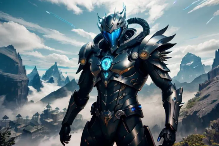 raw candid photo of android, <lora:magic-fantasy-mech-v1:0.5>, magic-fantasy-mech, facing camera, exposed spine, blue eyes, 2boys, 1mechanical, intricate detail, intricate design, science fiction, helmet, spiky hair, mountains, clouds, dynamic lighting, dynamic colours, dynamic background, dynamic pose, perfect composition, 8k, octane, high quality, highres, plated armour, outdoors, depth of field, most beautiful artwork in the world, amazing, extraordinary, inspiring, intimidating, dramatic, cables, wires, perfect hands, perfect body, perfect face