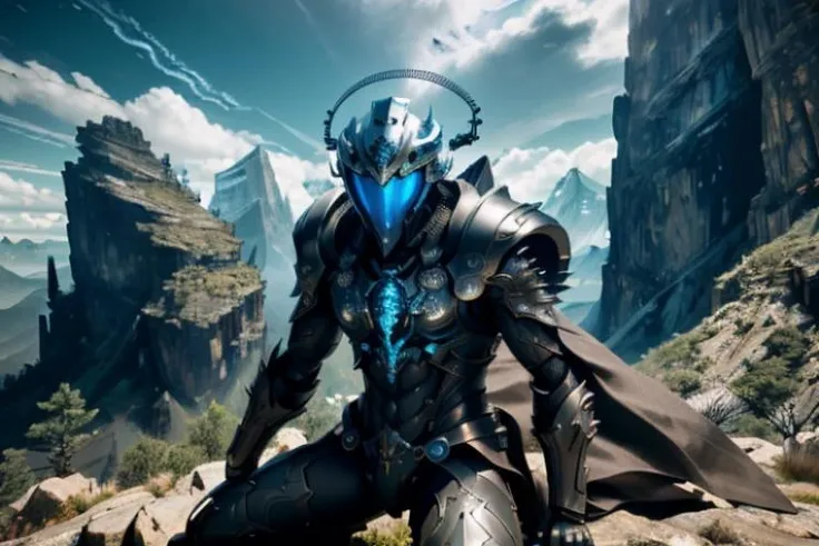 raw candid photo of android, <lora:magic-fantasy-mech-v1:0.65>, magic-fantasy-mech, facing camera, exposed spine, blue eyes, 1boy, 1mechanical, intricate detail, intricate design, science fiction, helmet, spiky hair, mountains, clouds, dynamic lighting, dynamic colours, dynamic background, dynamic pose, perfect composition, 8k, octane, high quality, highres, plated armour, outdoors, depth of field, most beautiful artwork in the world, amazing, extraordinary, inspiring, intimidating, dramatic, cables, wires, perfect hands, perfect body, perfect face