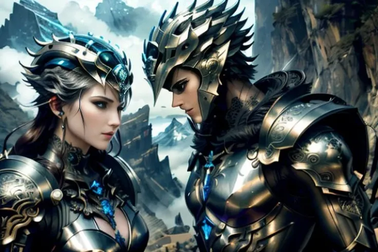 raw candid photo of android,  <lora:magic-fantasy-mech-v1:0.75>, magic-fantasy-mech, facing camera, 1girl, 1boy, 1mechanical, intricate detail, intricate design, high fantasy art,  helmet, spiky hair, mountains, clouds, dynamic lighting, dynamic colours, dynamic background, dynamic pose, perfect composition, 8k, octane, high quality, highres, plated armour, outdoors, depth of field,  most beautiful artwork in the world, amazing, extraordinary, inspiring, intimidating, dramatic, perfect hands, perfect body, perfect face