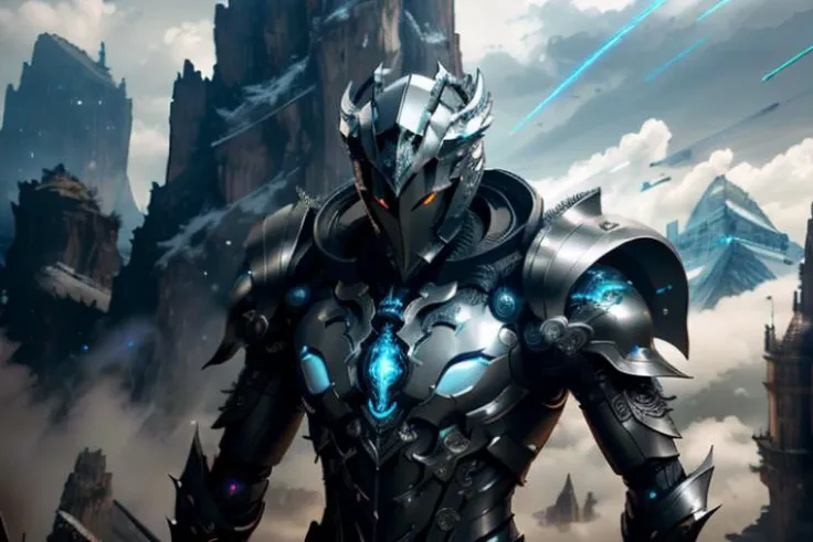 raw candid photo of android, <lora:magic-fantasy-mech-v1:0.7>, magic-fantasy-mech, 1boy, 1mechanical, intricate detail, intricate design, science fiction, helmet, spiky hair, mountains, clouds, dynamic lighting, cool background, dynamic pose, perfect composition, 8k, octane, high quality, highres, armour, warm colours, depth of field, metal face