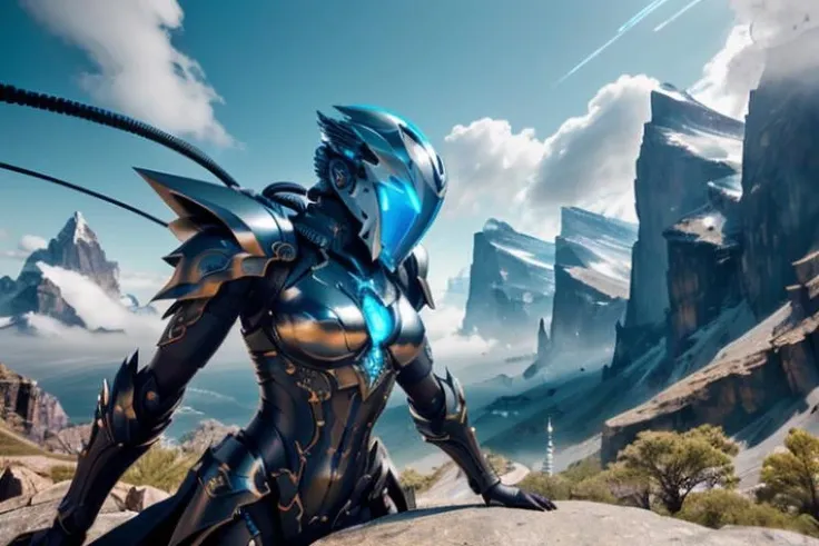 raw candid photo of android, <lora:magic-fantasy-mech-v1:0.5>, magic-fantasy-mech, facing camera, exposed spine, blue eyes, 1GIRL, 1mechanical, intricate detail, intricate design, science fiction, helmet, spiky hair, mountains, clouds, dynamic lighting, dynamic colours, dynamic background, dynamic pose, perfect composition, 8k, octane, high quality, highres, plated armour, outdoors, depth of field, most beautiful artwork in the world, amazing, extraordinary, inspiring, intimidating, dramatic, cables, wires, perfect hands, perfect body, perfect face
