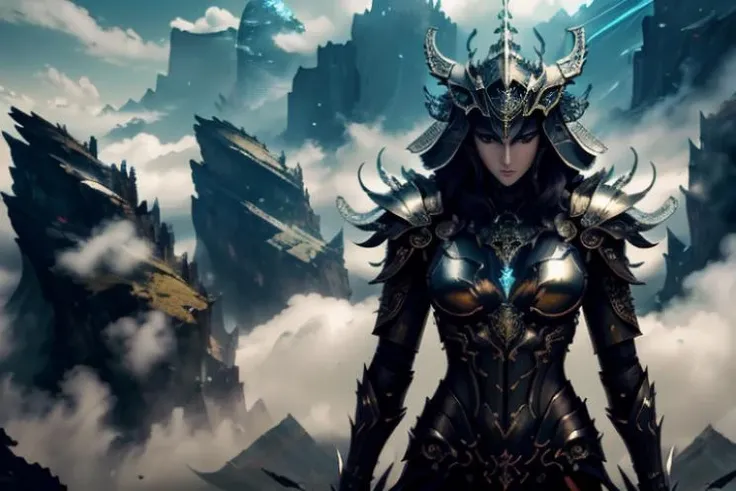 raw candid photo of android, <lora:magic-fantasy-mech-v1:0.75>, magic-fantasy-mech, facing camera, 1boy, 1mechanical, intricate detail, intricate design, high fantasy art, helmet, spiky hair, mountains, clouds, dynamic lighting, dynamic colours, dynamic background, dynamic pose, perfect composition, 8k, octane, high quality, highres, plated armour, outdoors, depth of field, most beautiful artwork in the world, amazing, extraordinary, inspiring, intimidating, dramatic, perfect hands, perfect body, perfect face