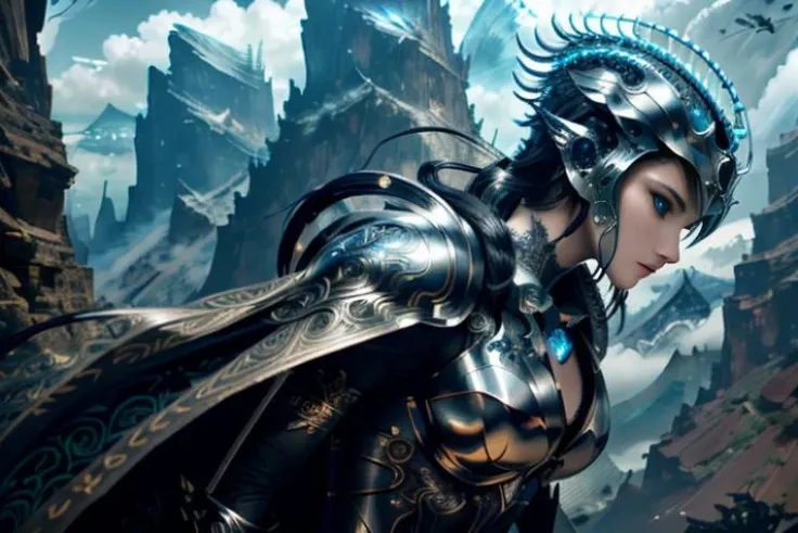 raw candid photo of android, <lora:magic-fantasy-mech-v1:0.75>, magic-fantasy-mech, facing camera, 1girl, 1mechanical, intricate detail, intricate design, high fantasy art, helmet, spiky hair, mountains, clouds, dynamic lighting, dynamic colours, dynamic background, dynamic pose, perfect composition, 8k, octane, high quality, highres, plated armour, outdoors, depth of field, most beautiful artwork in the world, amazing, extraordinary, inspiring, intimidating, dramatic, perfect hands, perfect body, perfect face