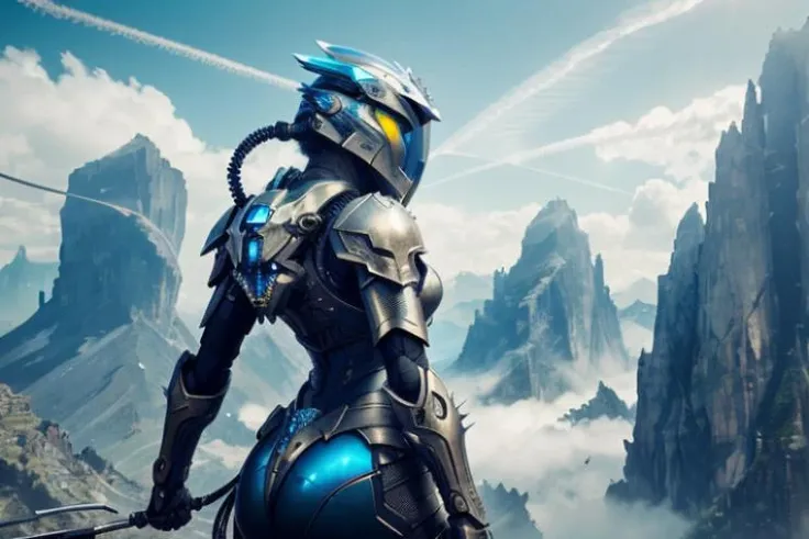 raw candid photo of android,  <lora:magic-fantasy-mech-v1:0.35>, magic-fantasy-mech, exposed spine, blue eyes, 1girl, 2boys, 1mechanical, intricate detail, intricate design, science fiction,  helmet, spiky hair, mountains, clouds, dynamic lighting, cool background, dynamic pose, perfect composition, 8k, octane, high quality, highres, plated armour, cool colours, outdoors, depth of field,  most beautiful artwork in the world, amazing, extraordinary, inspiring, intimidating, dramatic, cables, wires, perfect hands, long hair,