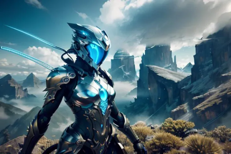 raw candid photo of android, <lora:magic-fantasy-mech-v1:0.5>, magic-fantasy-mech, facing camera, exposed spine, blue eyes, 1GIRL, 1mechanical, intricate detail, intricate design, science fiction, helmet, spiky hair, mountains, clouds, dynamic lighting, dynamic colours, dynamic background, dynamic pose, perfect composition, 8k, octane, high quality, highres, plated armour, outdoors, depth of field, most beautiful artwork in the world, amazing, extraordinary, inspiring, intimidating, dramatic, cables, wires, perfect hands, perfect body, perfect face