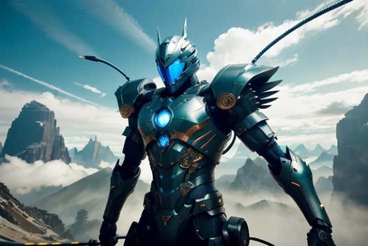 raw candid photo of android, <lora:magic-fantasy-mech-v1:0.35>, magic-fantasy-mech, facing camera, exposed spine, blue eyes, 1girl, 2boys, 1mechanical, intricate detail, intricate design, science fiction, helmet, spiky hair, mountains, clouds, dynamic lighting, cool background, dynamic pose, perfect composition, 8k, octane, high quality, highres, plated armour, cool colours, outdoors, depth of field, most beautiful artwork in the world, amazing, extraordinary, inspiring, intimidating, dramatic, cables, wires, perfect hands, perfect body, perfect face