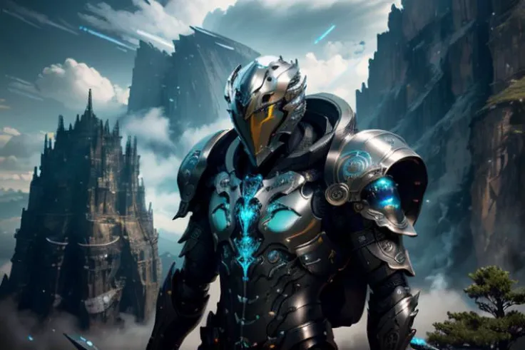 raw candid photo of android,  <lora:magic-fantasy-mech-v1:0.6>, magic-fantasy-mech, 1boy, 1mechanical,  intricate detail, intricate design, science fiction,  helmet, mountains, clouds, dynamic lighting, cool background, dynamic pose, perfect composition, 8k, octane, high quality, highres, armour, warm colours, depth of field