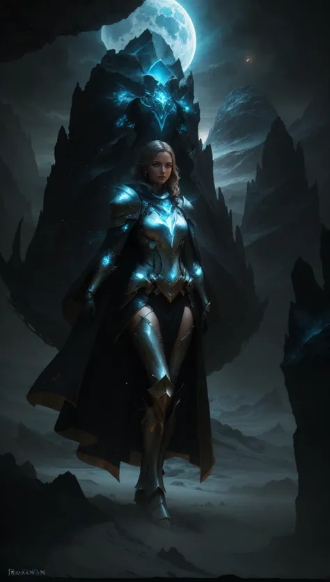 woman wearing magic-fantasy-mech armor flowing cape, standing on a barren planet, planet in the sky, fcPortrait <lora:magic-fantasy-mech-v1:0.6> <lora:testre3(0.7):1.0>