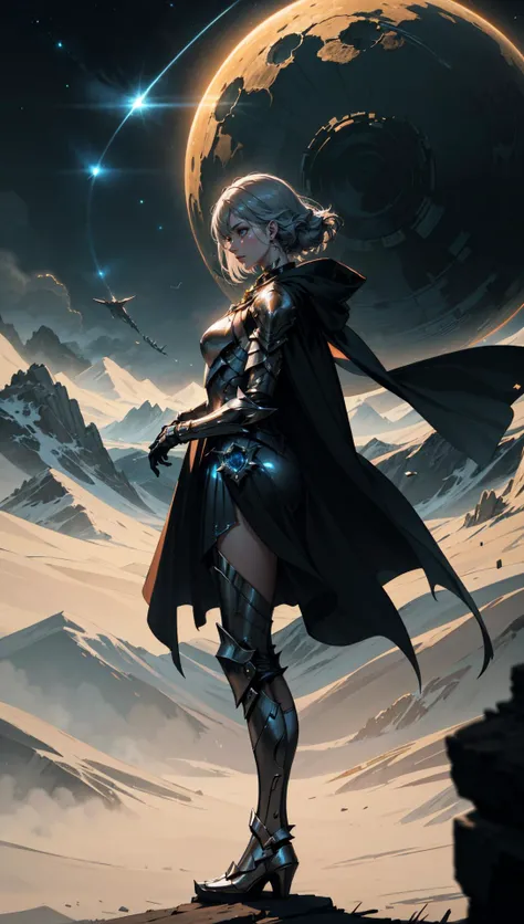 woman wearing magic-fantasy-mech armor flowing cape, standing on a barren planet, planet in the sky, fcPortrait <lora:magic-fantasy-mech-v1:0.6> <lora:testre3(0.7):1.0>