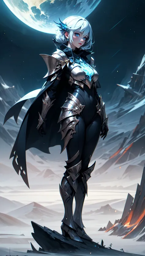 woman wearing magic-fantasy-mech armor flowing cape, standing on a barren planet, planet in the sky, fcPortrait <lora:magic-fantasy-mech-v1:0.6> <lora:testre3(0.7):1.0>