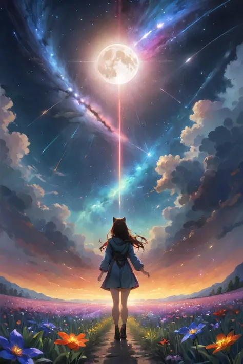 (bottom view),catgirl standing in a flower field looking up (full moon),(shooting stars),(nebula),sakura,(warm light source:),(Firefly),intricate details,volumetric lighting,(masterpiece),(best quality),4k,ultra-detailed,(dynamic composition),highly detailed,colorful details,(rainbow colors),(glowing lighting, atmospheric lighting),dreamy,magical,<lora:High-Colors-details:0.1>,<lora:add_detail:0.4>,