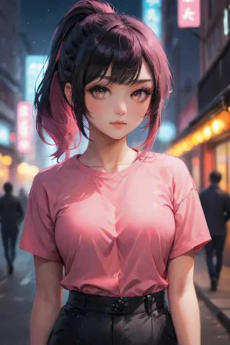 1girl, outside, modern city street, night,neon lights, bokeh, depth of field, pink IncursioDipDyedHair, black hair, ponytail, high-waist pants, looking at viewer, shirt, (beautiful detailed eyes)