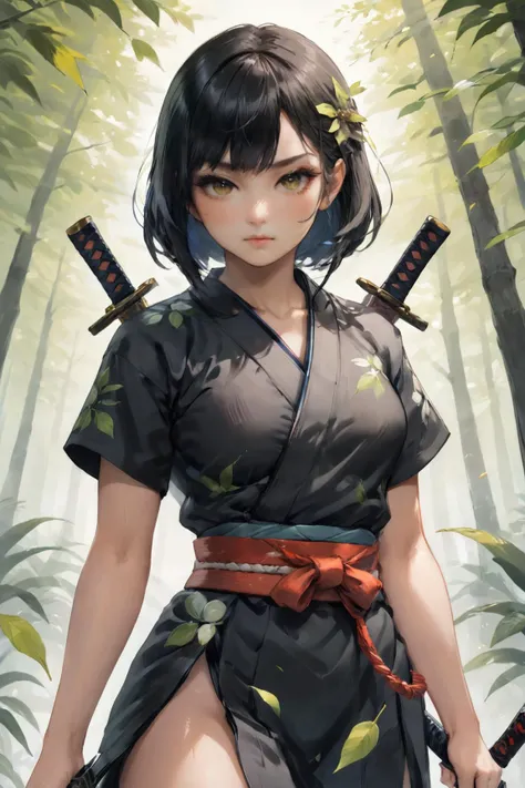 (best quality, masterpiece), 1girl, katana, samurai, looking at viewer, dual wielding, tree, leaf,