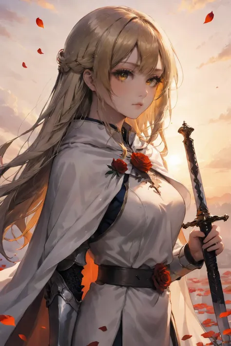 1girl, (blonde hair, long hair, straight hair, mid parted hair:1.15), holding a sword, royal knight, traditional art, rose petals, high contrast, sunset, orange skies, white cape