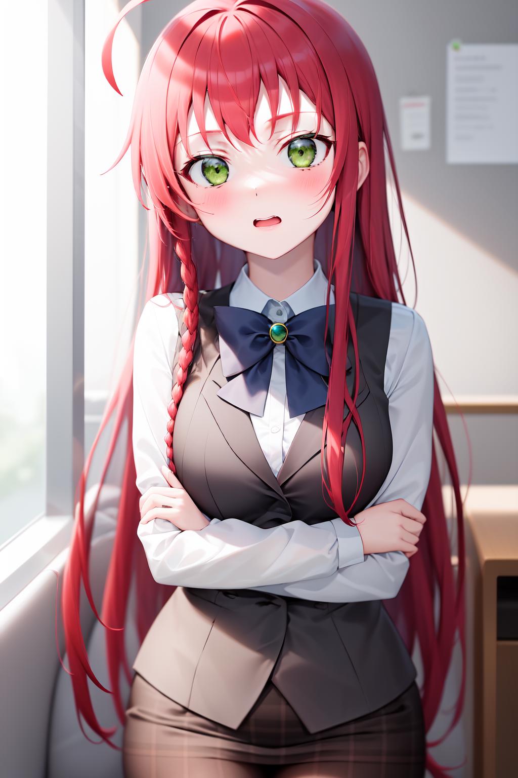 Anime girl with red hair and a bow tie posing for a picture - SeaArt AI
