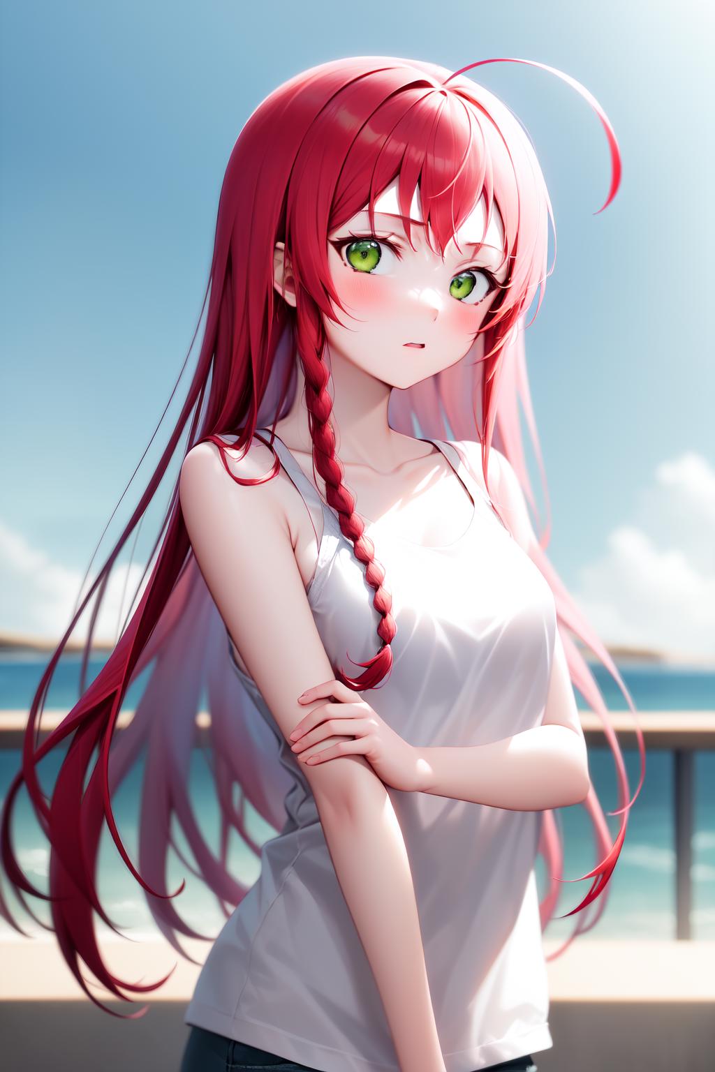 A woman with long red hair standing on a beach - SeaArt AI
