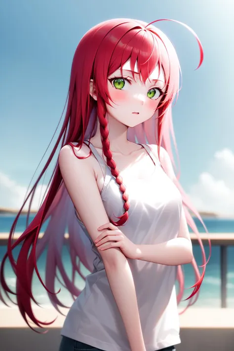 A woman with long red hair standing on a beach - SeaArt AI