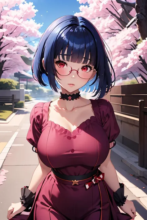 (masterpiece, best quality), 1girl,   <lora:Aya Miiko:1> 1girl, 3dcg 03, aya miiko, blue hair, blunt bangs, bob cut, large breasts, medium breasts, red eyes, semi-rimless eyewear, short hair, sidelocks