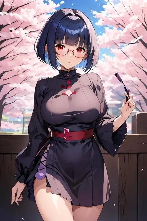 (masterpiece, best quality), 1girl, <lora:Aya Miiko:1> 1girl, 3dcg 03, aya miiko, blue hair, blunt bangs, bob cut, large breasts, medium breasts, red eyes, semi-rimless eyewear, short hair, sidelocks
