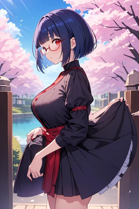 (masterpiece, best quality), 1girl, <lora:Aya Miiko:1> 1girl, 3dcg 03, aya miiko, blue hair, blunt bangs, bob cut, large breasts, medium breasts, red eyes, semi-rimless eyewear, short hair, sidelocks