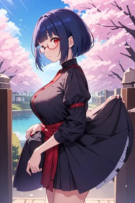 (masterpiece, best quality), 1girl,   <lora:Aya Miiko:1> 1girl, 3dcg 03, aya miiko, blue hair, blunt bangs, bob cut, large breasts, medium breasts, red eyes, semi-rimless eyewear, short hair, sidelocks