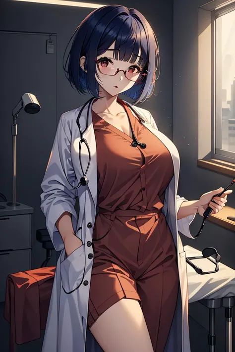 masterpiece, best quality,lower_body, operating table,medical monitors,hospital bed, <lora:0- CL - Doctor Uniform V2:0.8> (doctor_uniform, labcoat, stethoscope, doctor,red_uniform,red_labcoat), <lora:Aya Miiko:0.9> (1girl, 3dcg 03, aya miiko, blue_hair, blunt bangs, bob cut, large breasts, medium breasts, red-eyes, semi-rimless eyewear, short hair, sidelocks),