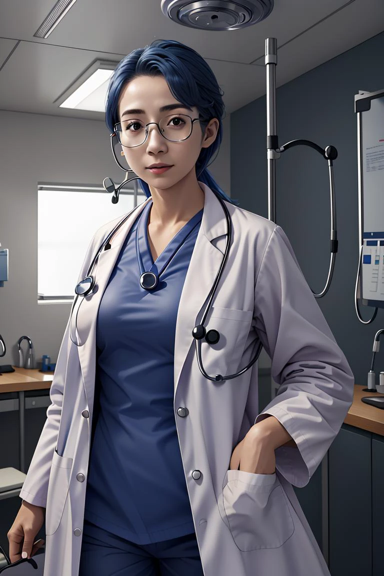 (RAW photo, best quality), operating room, overhead surgical light,blurred background, focused, dithering,backlighting,
<lora:Aya Miiko_3dCG_V3.0:0.8> aya miiko, 3dcg03, 1girl, solo, red eyes. blue hair,glasses,
<lora:Doctor Uniform V2:0.8> (doctor_uniform, labcoat, stethoscope, doctor),