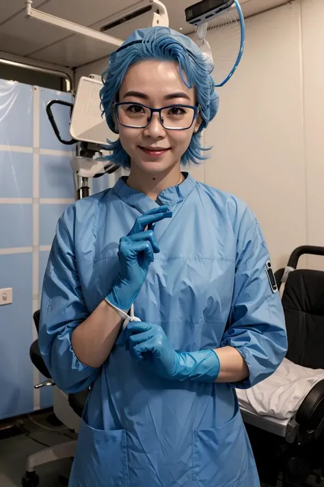 (RAW photo, best quality), operating room, overhead surgical light,blurred background, focused, dithering,backlighting,upper body,
<lora:Aya Miiko_3dCG_V3.0:0.4> (aya miiko, 3dcg03, 1girl, solo, redeyes, blue hair,glasses),
<lora:Gloving_UP_V2.0:0.8> gloving_surgeon, surgical mask, long sleeves, looking at viewer, adjusting gloves, bouffant cap, gloves,glove pull,