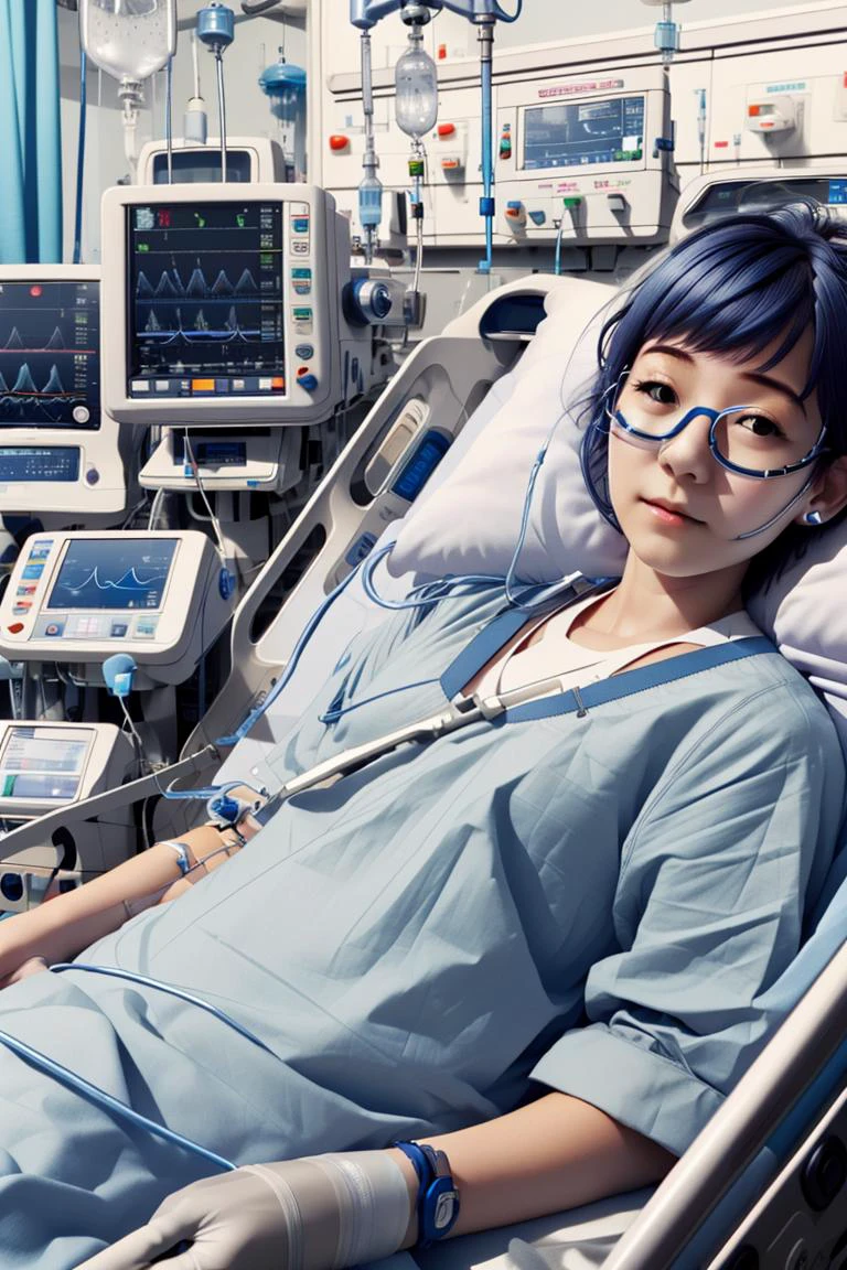 (RAW photo, best quality), operating room, overhead surgical light,blurred background, focused, dithering,backlighting,upper body,
<lora:Aya Miiko_3dCG_V3.0:0.4> (aya miiko, 3dcg03, 1girl, solo, redeyes, blue hair,glasses),
<lora:e-patient:0.8> (life support machine, taking an operation, emergency transport, lying on hospital bed),