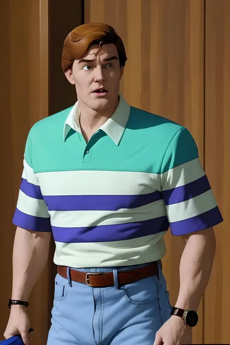 peter parker, upper body, collared shirt, striped shirt, short sleeves, belt, blue pants <lora:Peter Parker_v1:1>