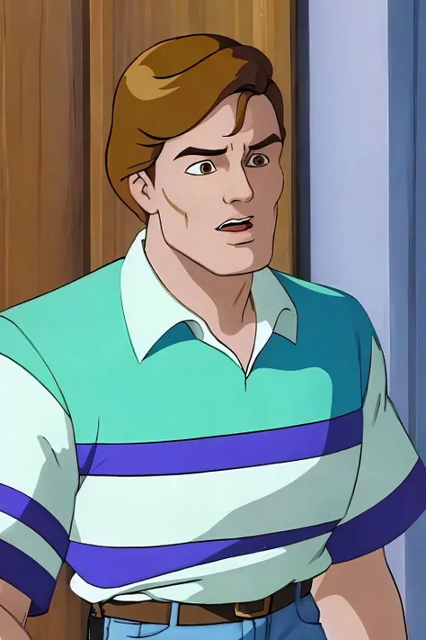 peter parker, upper body, collared shirt, striped shirt, short sleeves, belt, blue pants <lora:Peter Parker_v1:1>