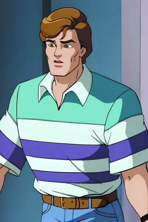 peter parker, upper body, collared shirt, striped shirt, short sleeves, belt, blue pants <lora:Peter Parker_v1:1>
