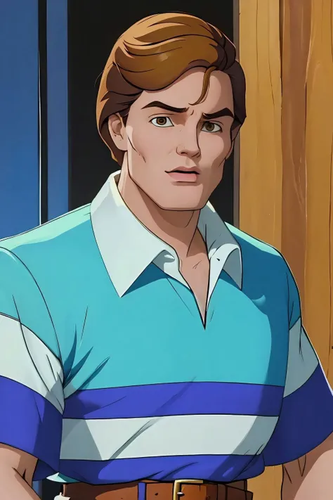 peter parker, upper body, collared shirt, striped shirt, short sleeves, belt, blue pants <lora:Peter Parker_v1:1>
