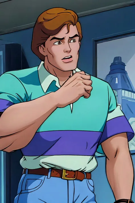 peter parker, upper body, collared shirt, striped shirt, short sleeves, belt, blue pants <lora:Peter Parker_v1:1>