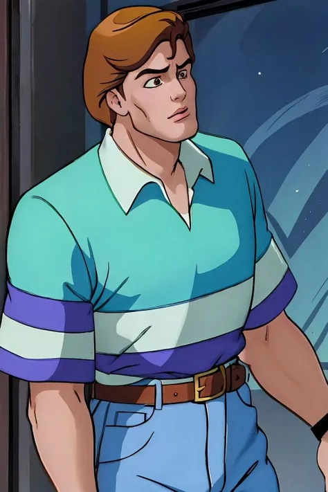 peter parker, upper body, collared shirt, striped shirt, short sleeves, belt, blue pants <lora:Peter Parker_v1:1>