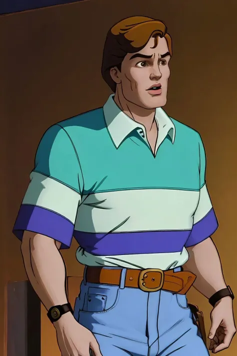peter parker, upper body, collared shirt, striped shirt, short sleeves, belt, blue pants <lora:Peter Parker_v1:1>