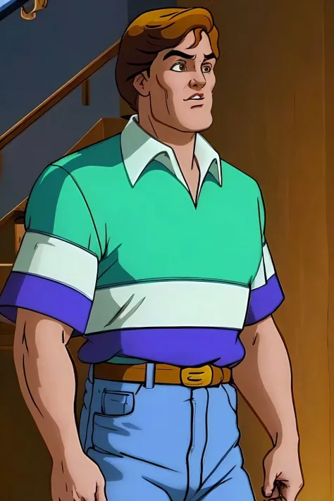 peter parker, upper body, collared shirt, striped shirt, short sleeves, belt, blue pants <lora:Peter Parker_v1:1>