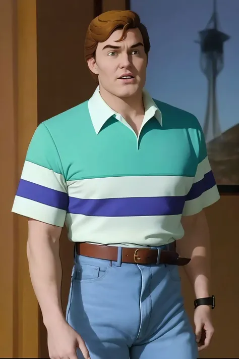peter parker, upper body, collared shirt, striped shirt, short sleeves, belt, blue pants <lora:Peter Parker_v1:1>