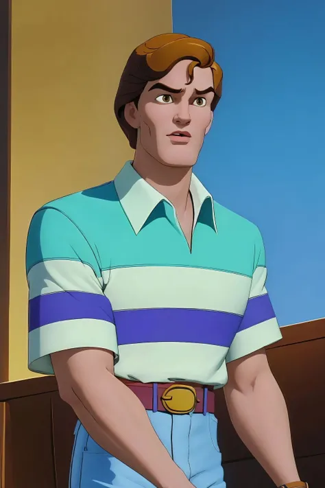 peter parker, upper body, collared shirt, striped shirt, short sleeves, belt, blue pants <lora:Peter Parker_v1:1>