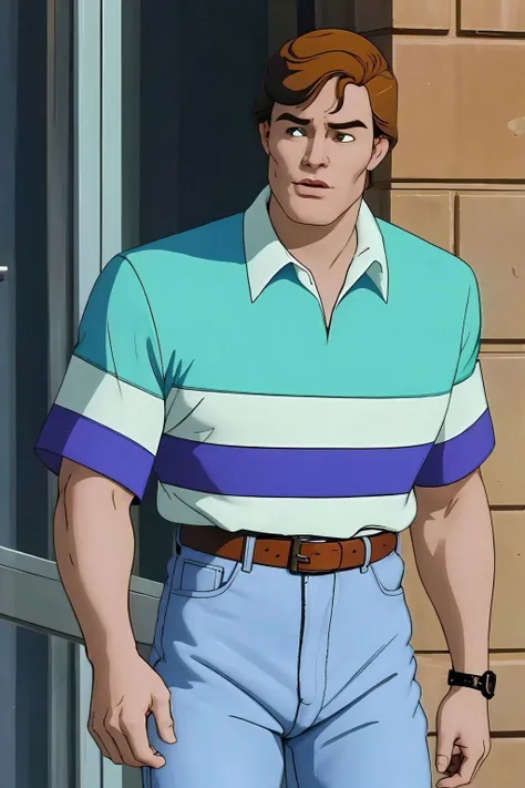peter parker, upper body, collared shirt, striped shirt, short sleeves, belt, blue pants <lora:Peter Parker_v1:1>