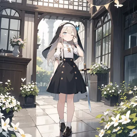 1girl,petite,flat chest,frown,adorable girl,thumbs_up,big top sleeves,fine_art_parody,crossed bangs,dungarees,loafers,holding sword,nun,eyes closed,looking up,legs_up,Bare shoulders,indoor,butterfly,rain,in spring,gorgeous,