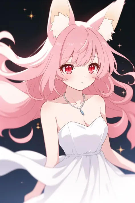 Fox ears,Pink hair,sparkle Red eyes,Long hair,white chiffon strapless dress,wavy_hair,necklace,cinematic angle,glowing light,depthoffield,bashfulness,