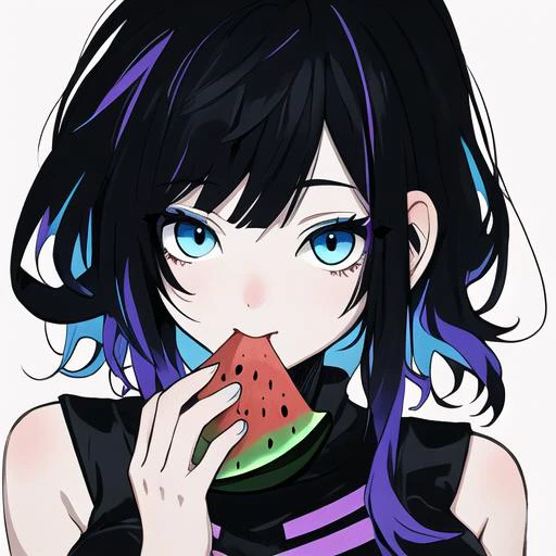 a girl eating watermelon,blue eyes,black hair,cyberpunk,purple highlights,full_shot,sixteen avatars,summer,