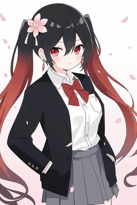 cowboy shot,1girl,solo,shirt,bow,bowtie,black hair,long hair,skirt,twintails,red eyes,jewelry,earrings,white shirt,hair flower,looking at viewer,hair ornament,hands in pockets,flower,red bow,ribbon,black skirt,pocket,petals,hair ribbon,collared shirt,pleated skirt,red bowtie,long sleeves,closed mouth,red ribbon,multicolored hair,gradient,breast pocket,cherry blossoms,gradient background,red hair,bangs,pink flower,hair between eyes,dress shirt,school uniform,very long hair,