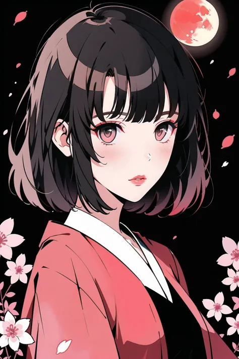 a woman with a black dress and a cherry blossom tree in front of a full moon with pink flowers,
moon,full_moon,1girl,solo,branch,black_hair,night,red_eyes,red_moon,petals,red_lips,pale_skin,makeup,lipstick,crescent_moon,short_hair,