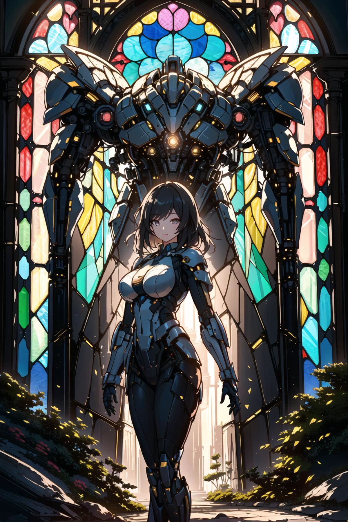 (shade,stained glass,Tonal gradation :1.3),
good detailed, (glowing background),
best quality, wide-angle Hyperdetailed, masterpiece, 8k, natural lighting, soft lighting, sunlight, HDR (High Dynamic Range), Maximum Clarity And Sharpness, Multi-Layered Textures,
<lora:shitu-mechaV1:0.8> shitu-mecha, 1girl,cyberpunk,