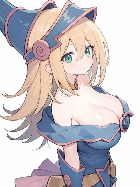 <lora:LoRA_Magician2_character:1> ,huge breasts, dark magician girl, duel monster, blush stickers, blonde hair, green eyes, long hair, breasts, blush, bangs, large breasts, hair between eyes, pentacle, pentagram, hat, dress, cleavage, bare shoulders, collarbone, choker, blue headwear, wizard hat, bracer, detached sleeves; from side, (adjusting headwear), from above, <lyco:GoodHands-beta2:1.0>